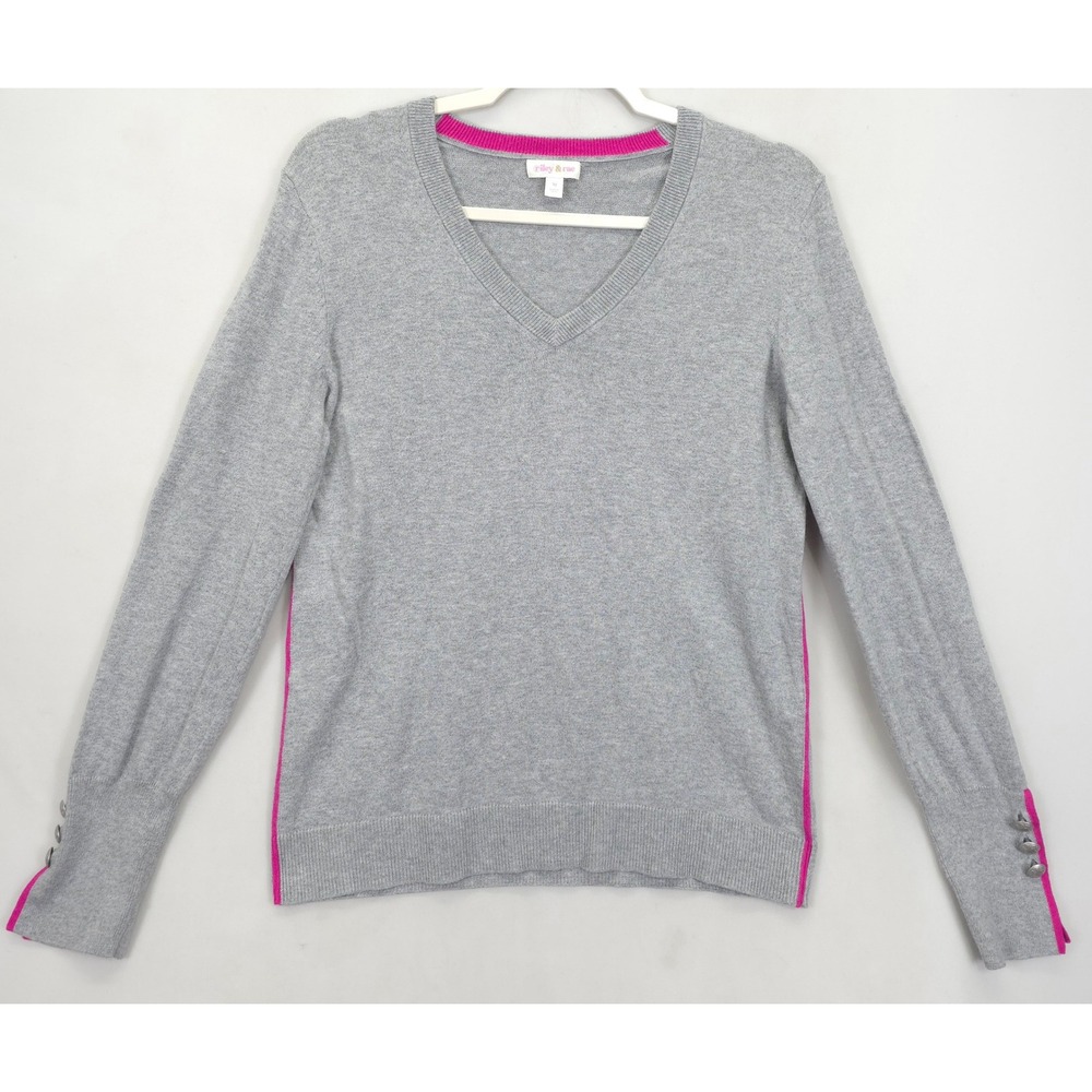 Riley & Rae Women‎ M V-Neck Sweater Gray Pink Trim Button Cuff Cotton Wool Blend
